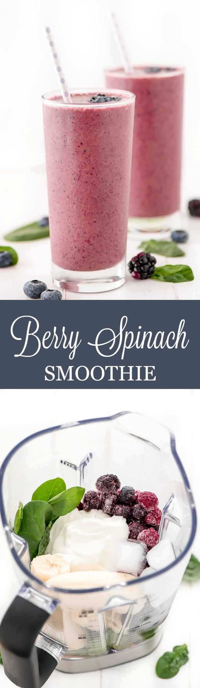 Berry Spinach Smoothie is a quick and healthy breakfast or snack that is loaded with fruit, spinach, and high protein Greek yogurt to keep you feeling full.