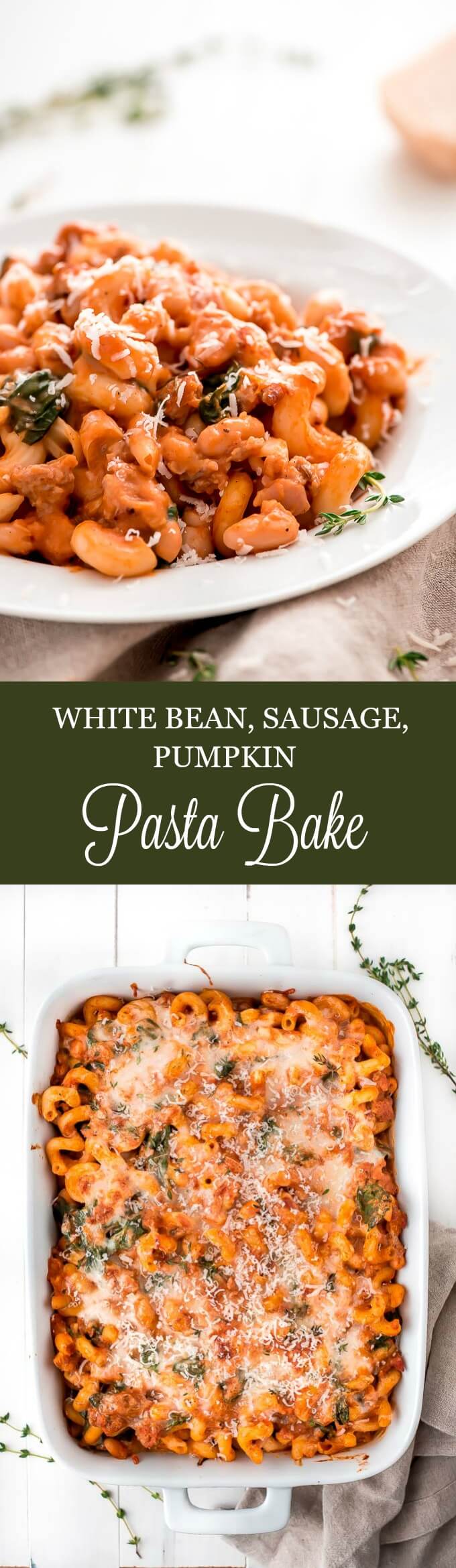 Enjoy the flavors of fall in this comforting, protein and fiber filled White Bean, Sausage, Pumpkin Pasta Bake. Pumpkin never tasted so creamy!