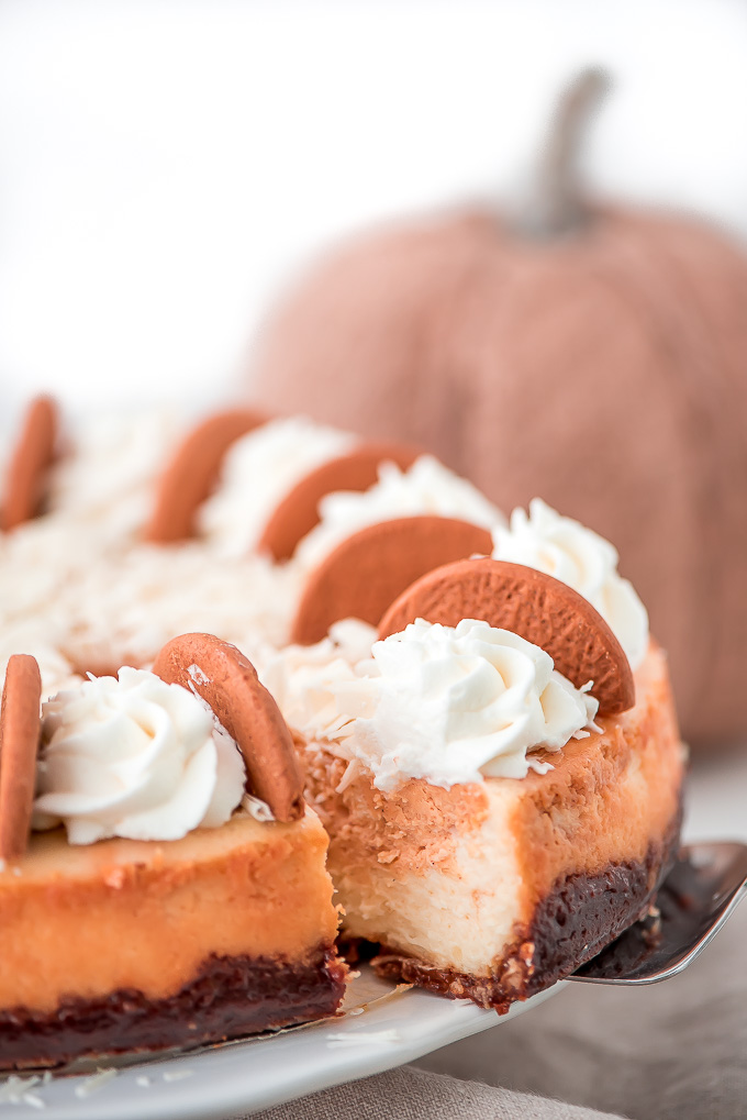 With a silky smooth texture, elegant chocolate shavings, whipped cream, and a gingersnap crust everyone will be making room for dessert when they see this White Chocolate Pumpkin Cheesecake.