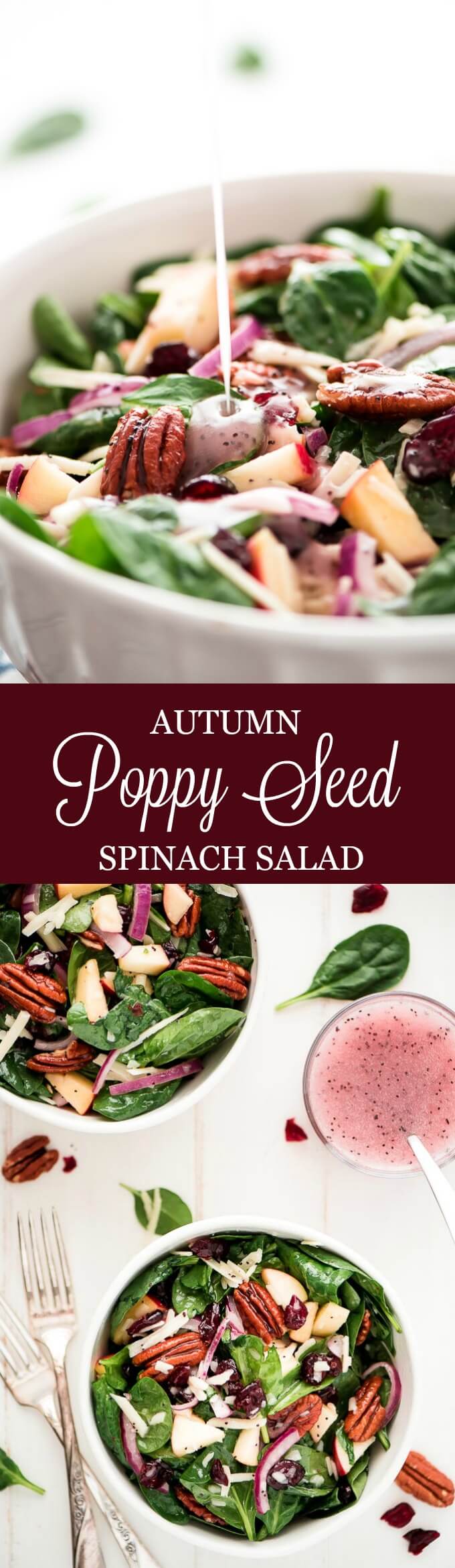 Autumn Poppy Seed Spinach Salad is the perfect side to any dinner. It's loaded with amazing toppings, good-for-you greens, and topped with the most delicious homemade poppy seed dressing.