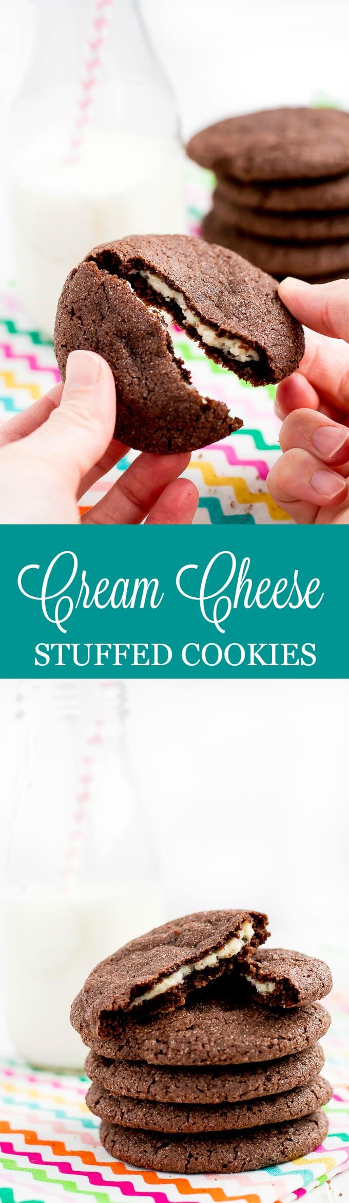 Cream Cheese Stuffed Cookies are a rich sugar-coated chocolate cookie with a surprise inside- sweet cream cheese filling!