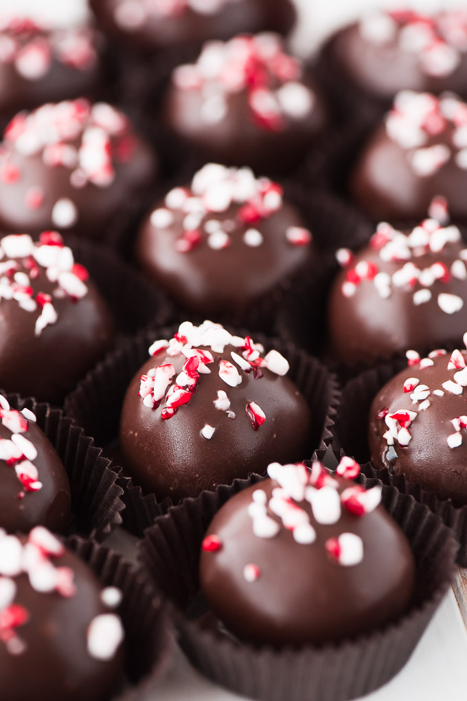 A close-up shot of Chocolate Oreo Truffles with crushed peppermint on top.