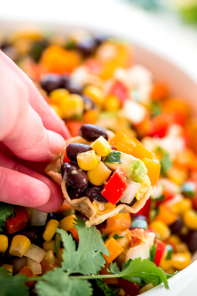 A Scoop Tortilla loaded with Black Bean and Corn Salsa.