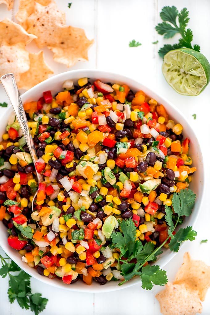Multicolored Black Bean Corn Salsa Dip in a serving bowl.