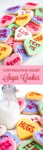 These Conversation Heart Sugar Cookies are a fun treat to make for Valentine's Day and even better to eat. With a super soft sour cream sugar cookie base and a smooth buttercream frosting, you're sure to fall in love!