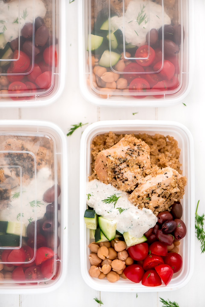 4 containers of instant pot meal prep Greek Chicken Quinoa Bowls.
