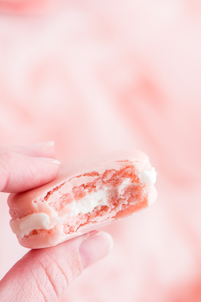 Close up of a pink French Macaron with a bite taken out showing the cream filling, chewy center, and crisp shell.