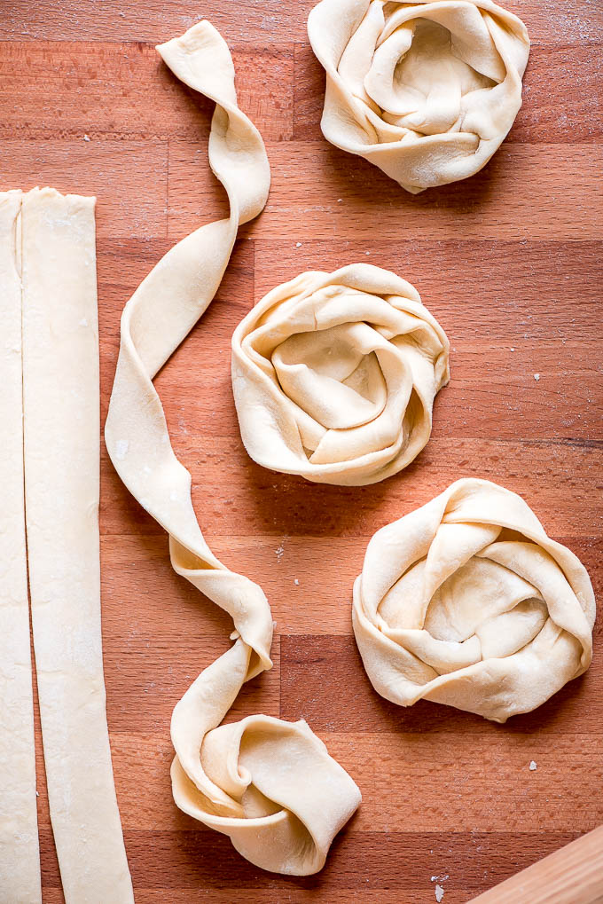 Puff pastry strips twirled and spun into roses.