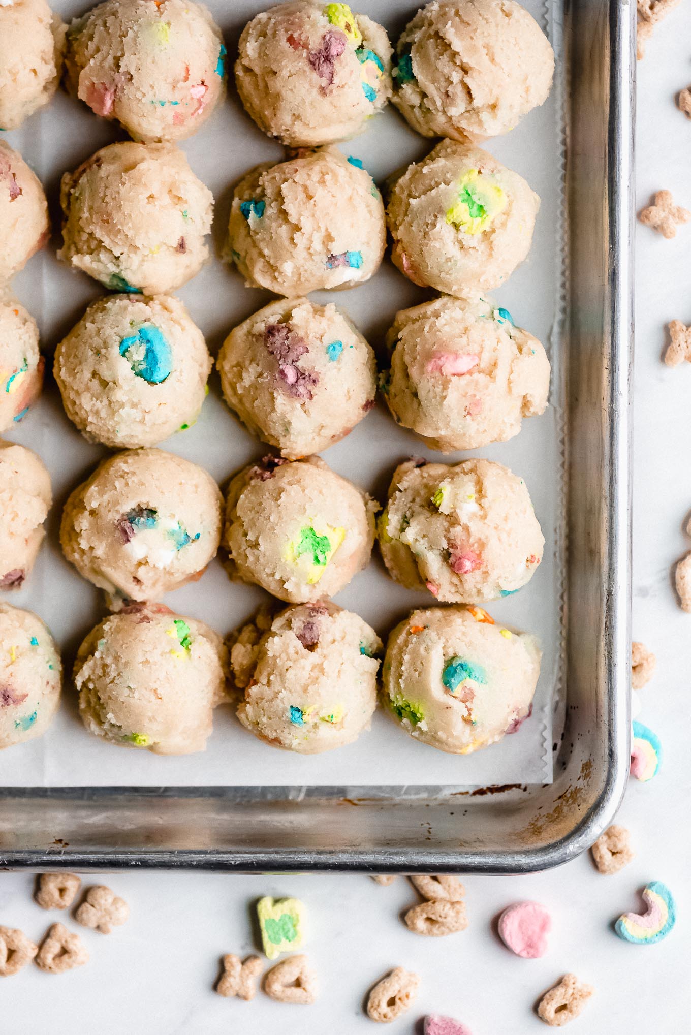 Lucky Charms Cookie Dough on a baking sheet.