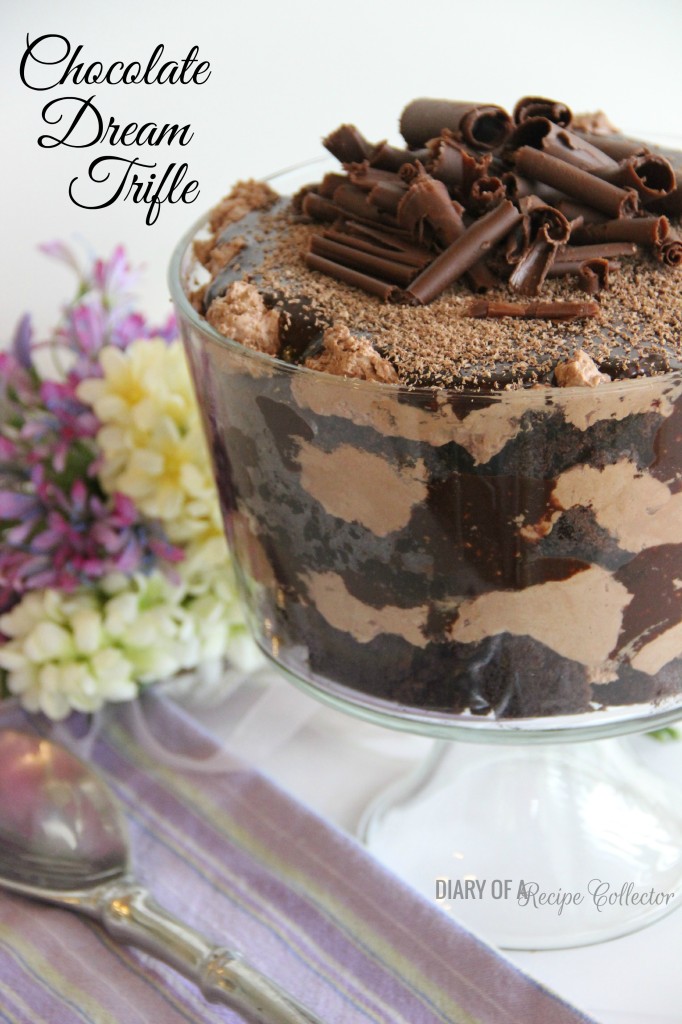 Chocolate Dream Trifle topped with chocolate curls