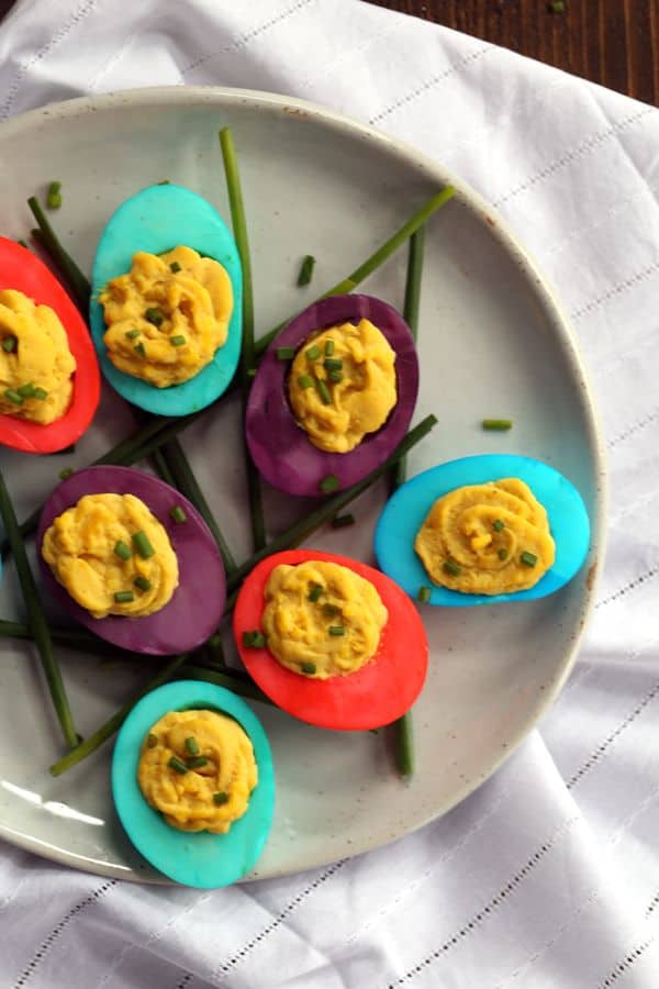 Dyed Deviled Eggs on a plate