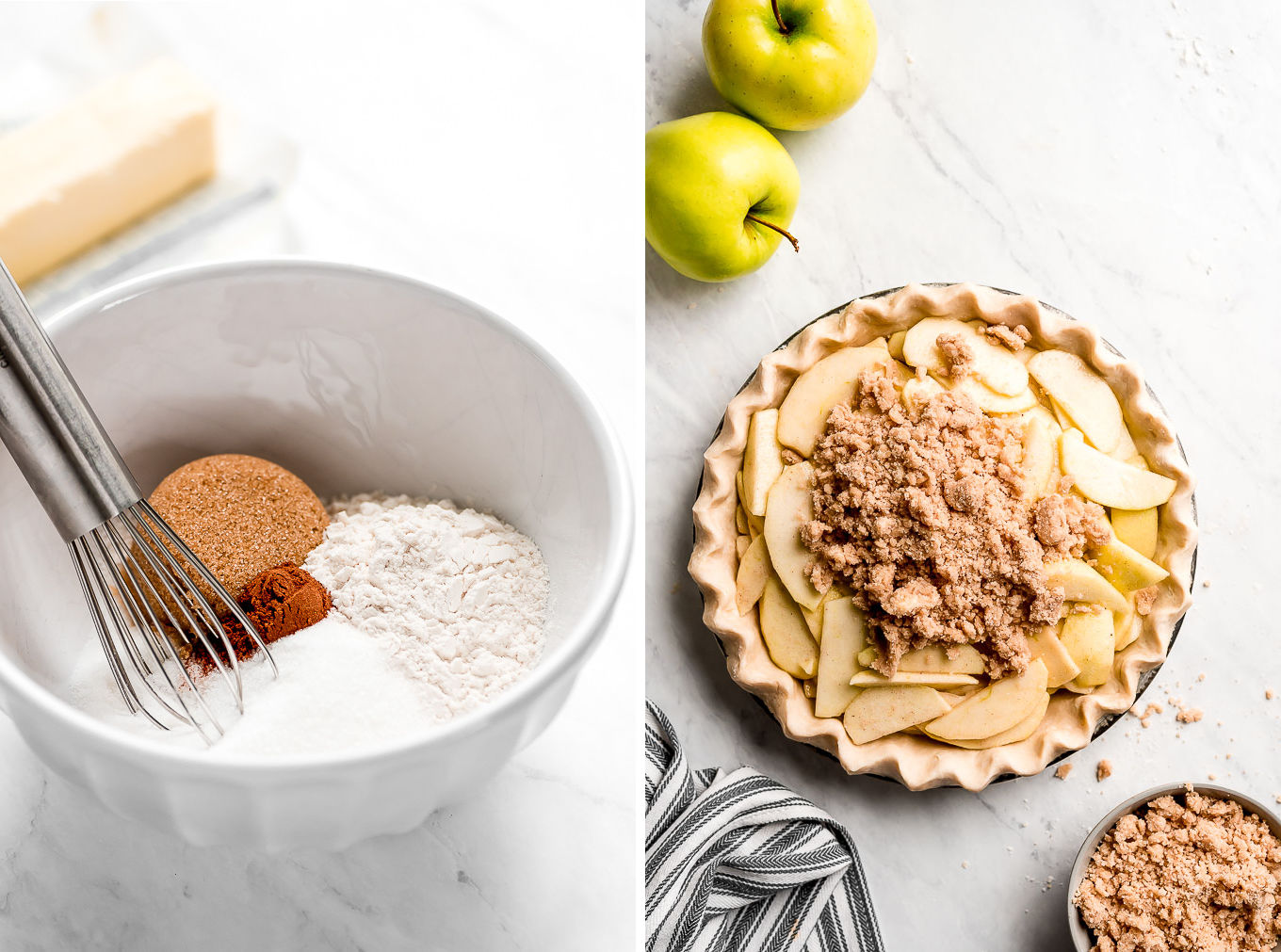 A bowl of ingredients for a crumble topping. An unbaked apple pie with a crumble topping on top.