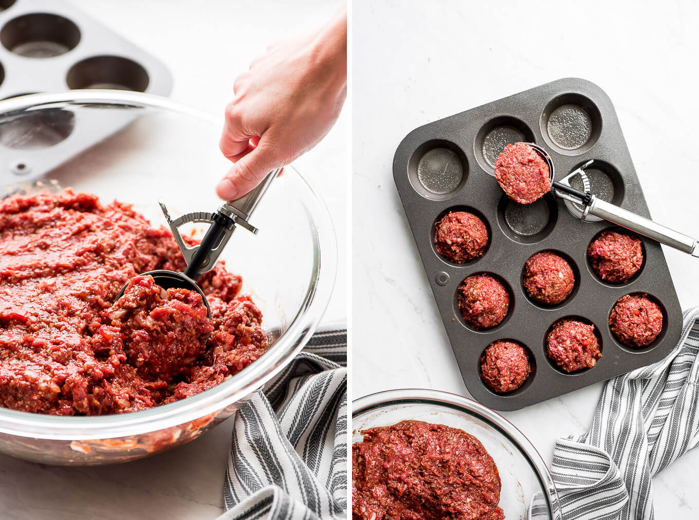Scooping meatloaf mix out of a bowl using a trigger scoop.; Balls of ground meat in a muffin tin.