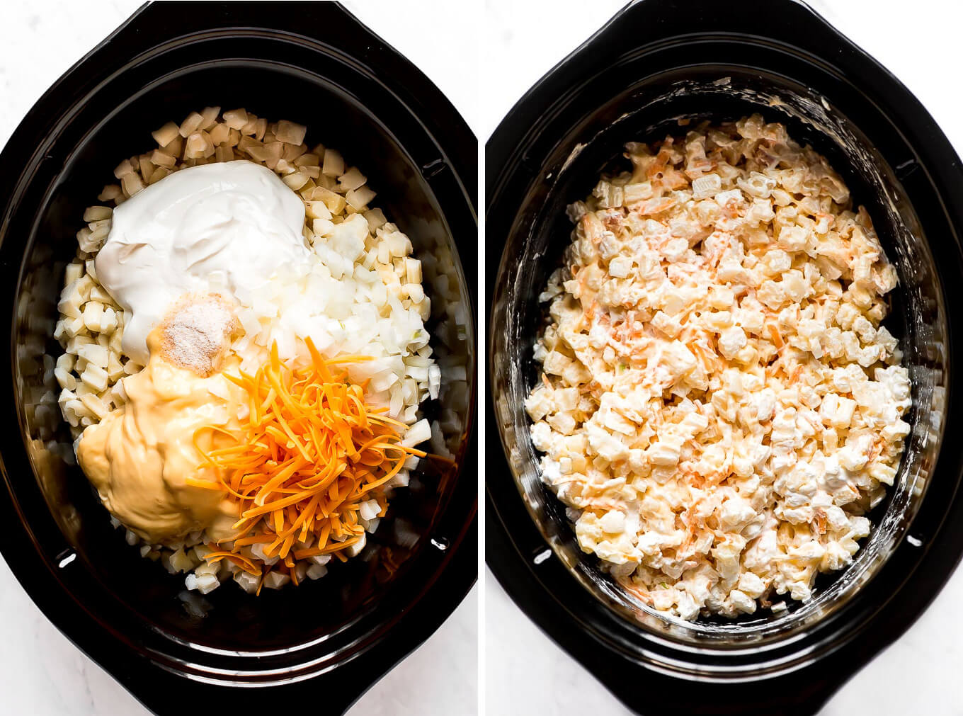 Two images of crockpots- One shows hashbrowns, sour cream, cream of chicken soup, shredded cheese, and onion in a pot; Second image shows them all mixed together.