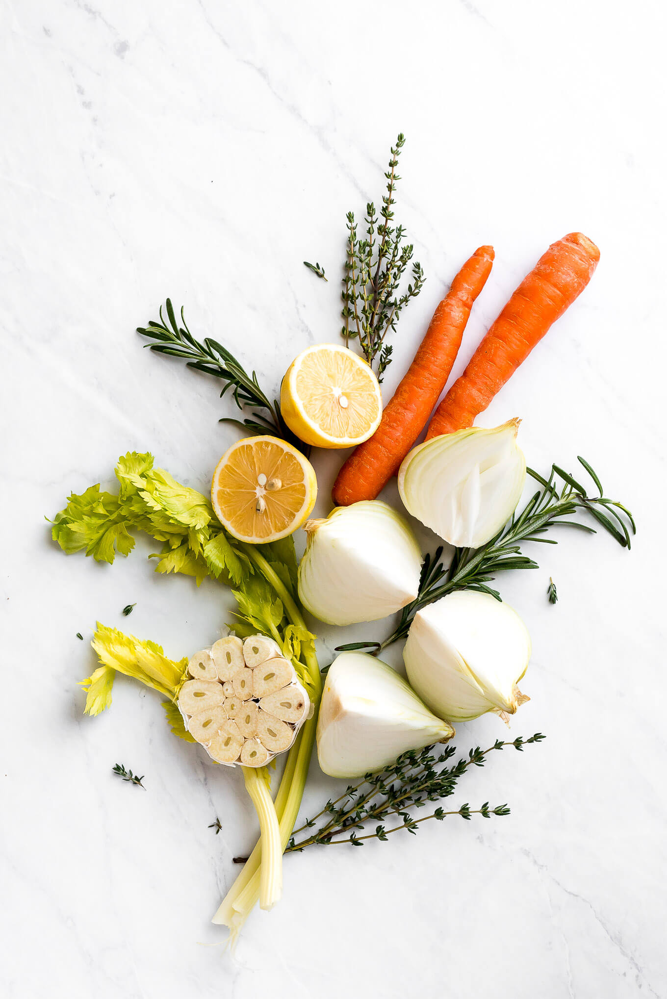 Aromatics- carrots, onion, celery, garlic, lemon, and herbs.