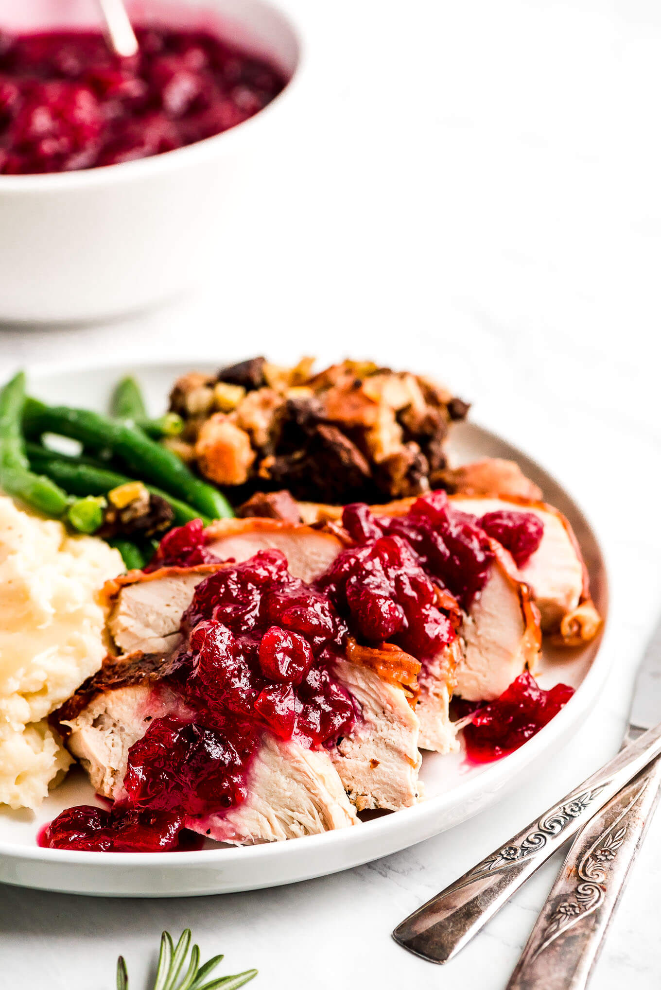 Sliced Turkey in a Bag on a dinner plate with cranberry sauce on top and mashed potatoes, green beans, and stuffing on the sides.