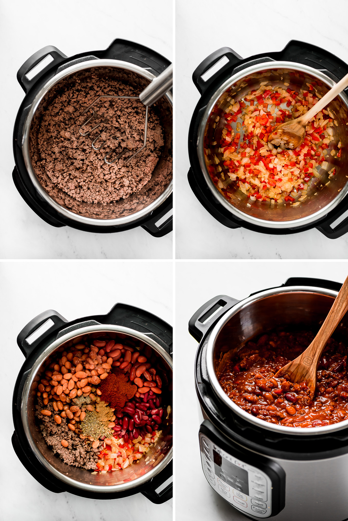 4 images of cooking Chili in an Instant Pot- Browning ground beef, sauteing onions and peppers, all the ingredients in the pot, and the finished pot of chili.