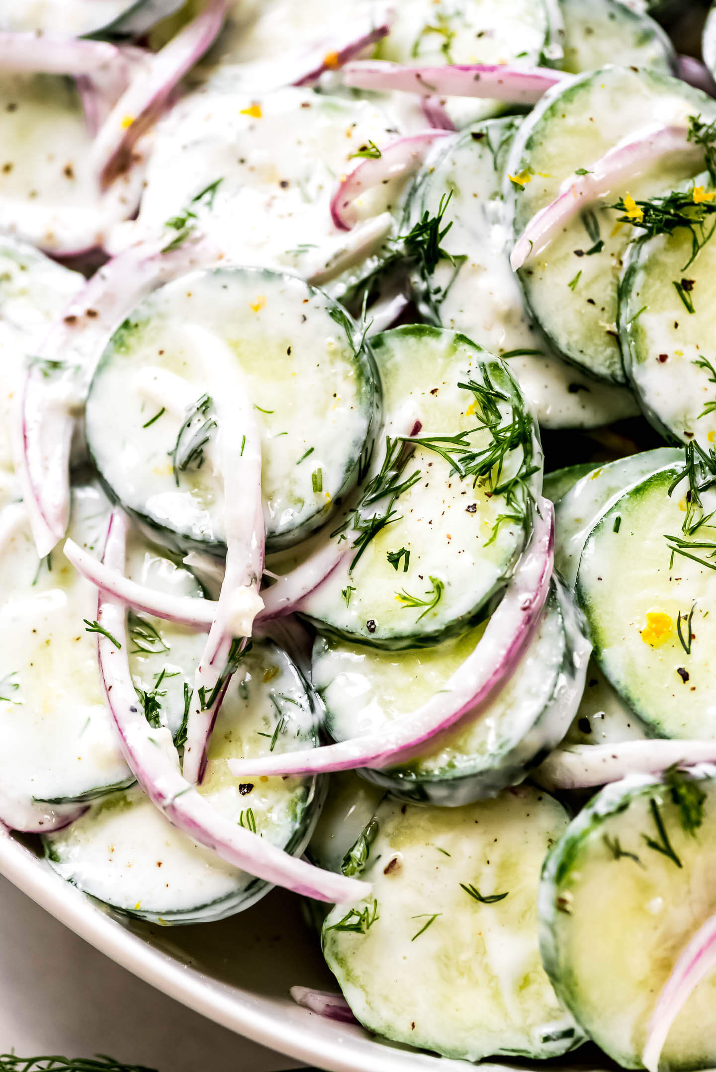 Close up shot of Creamy Cucumber Salad with red onions, dill, and lemon zest.