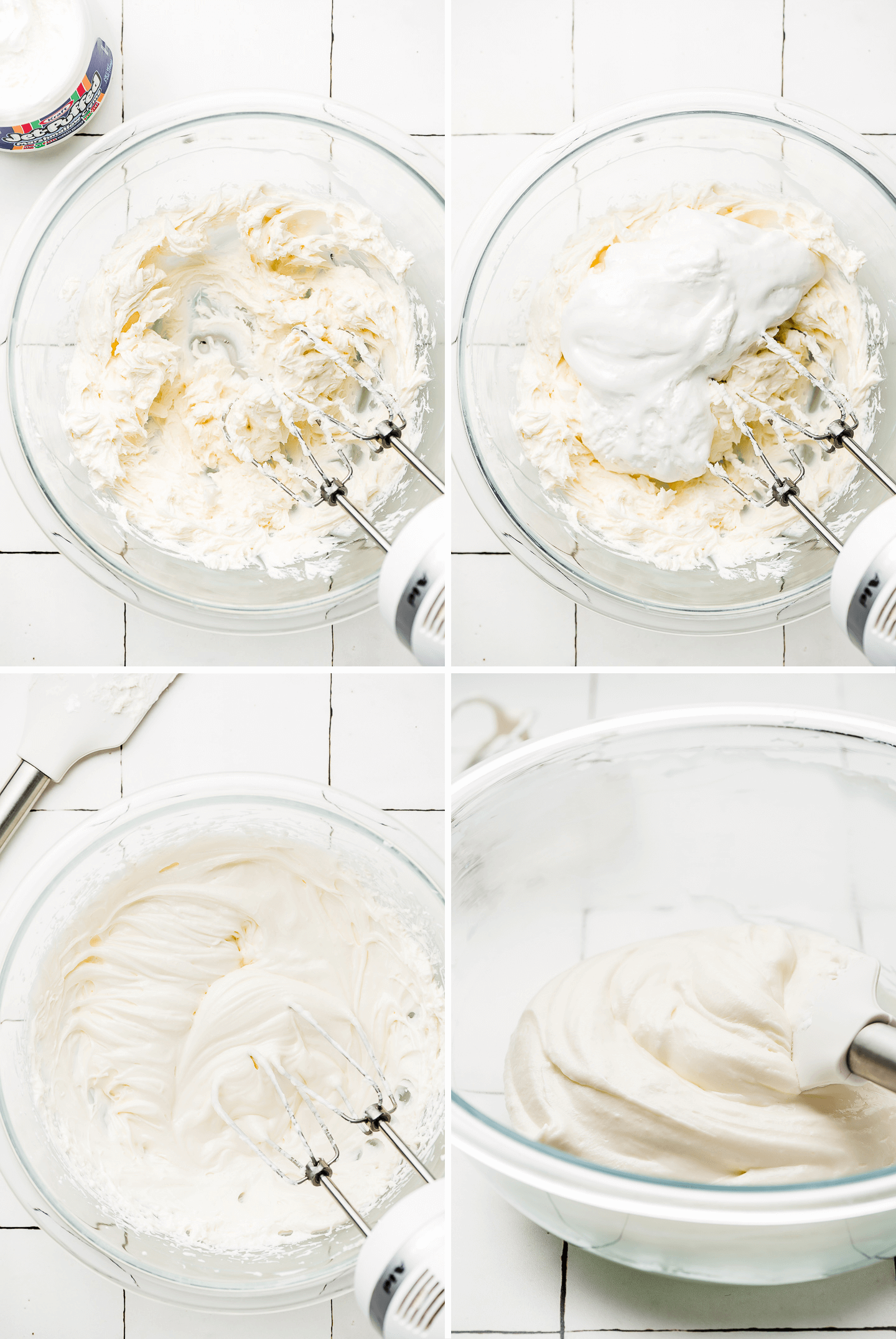 Mixing cream cheese and marshmallow fluff together to make a dip.