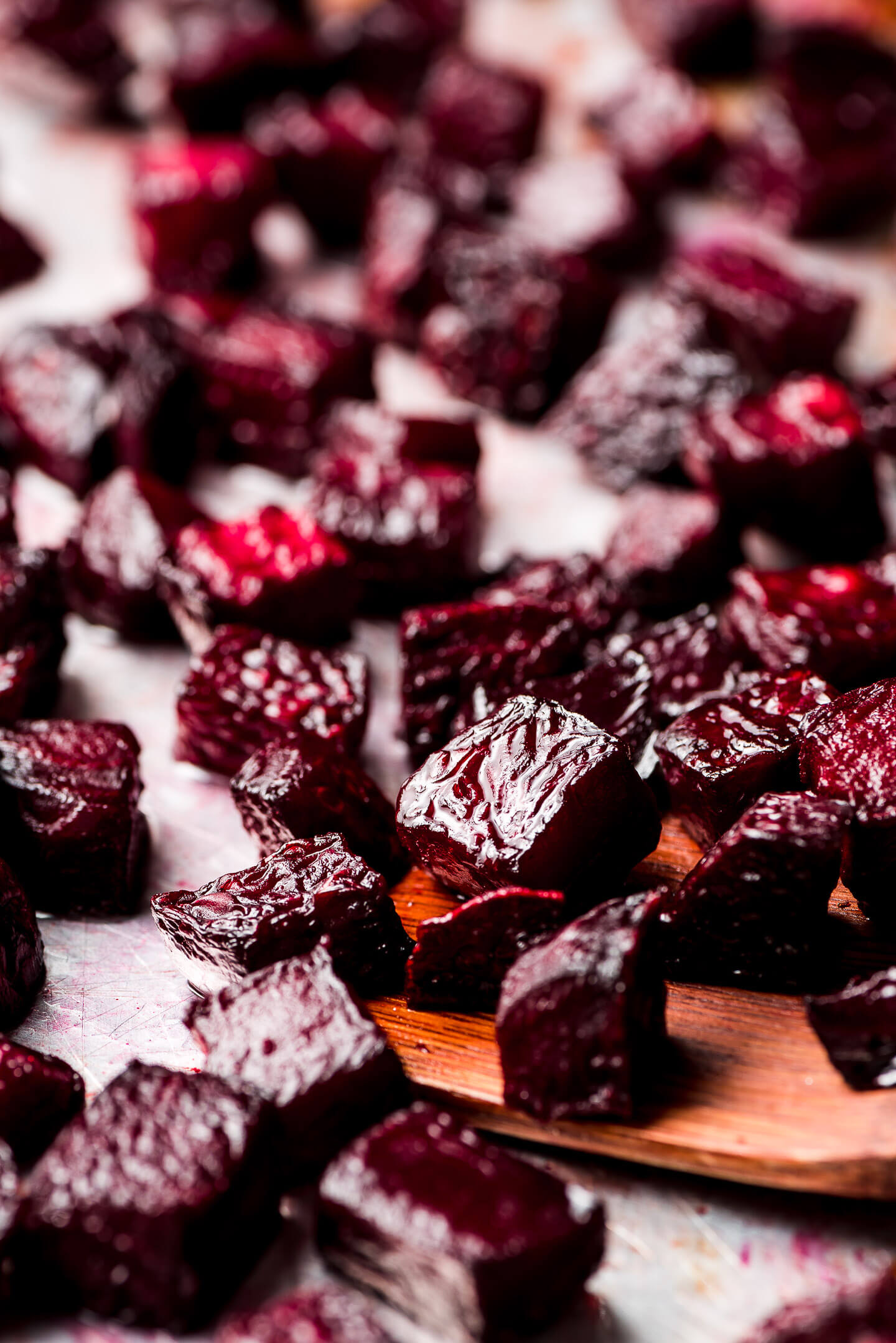 Squares of Roasted Beets on a baking sheet.