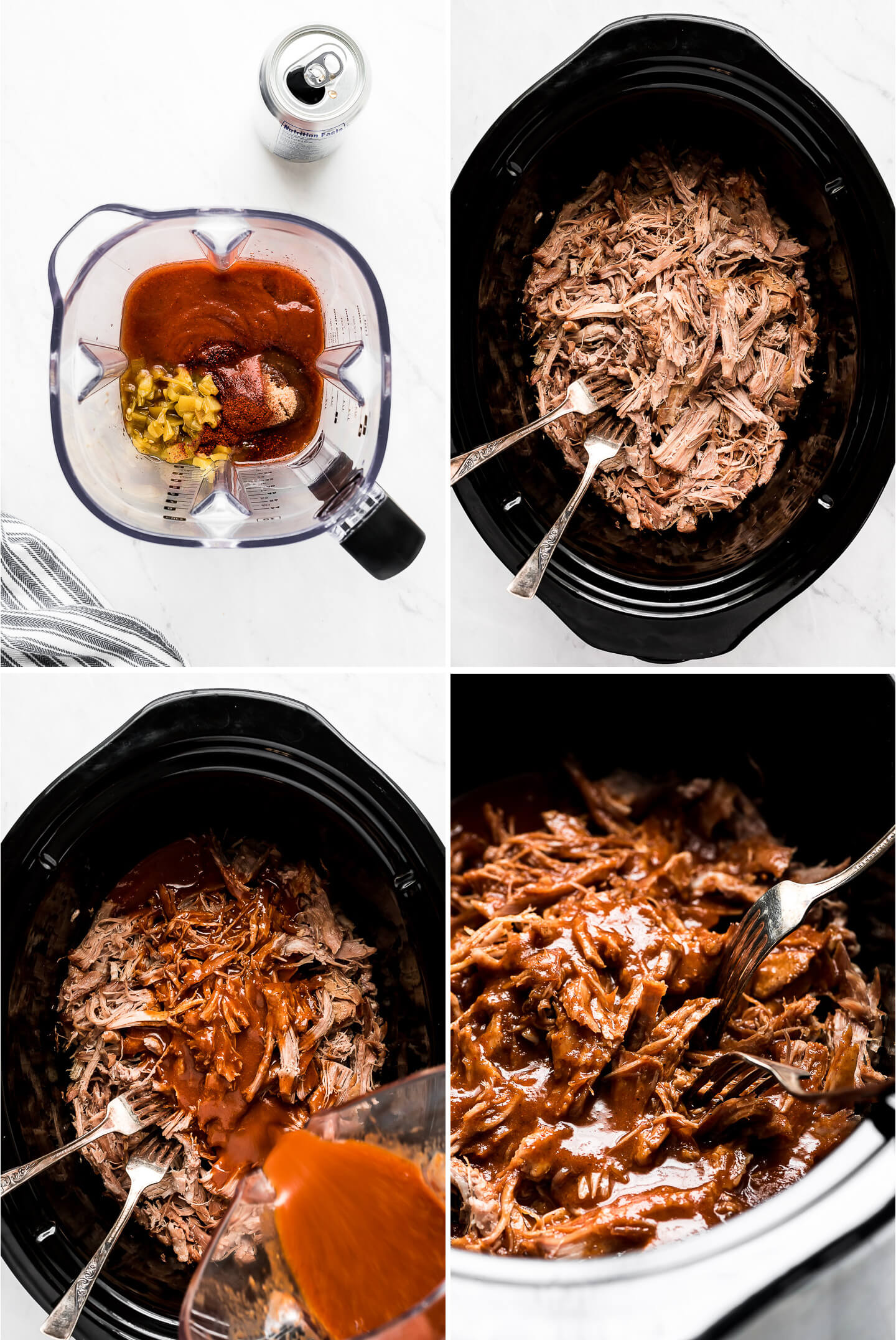 Four photos- ingredients for sauce in a blender; a slow cooker with shredded pork; shredded pork with a red sauce being poured over the top; a close up of the pork covered in sauce.