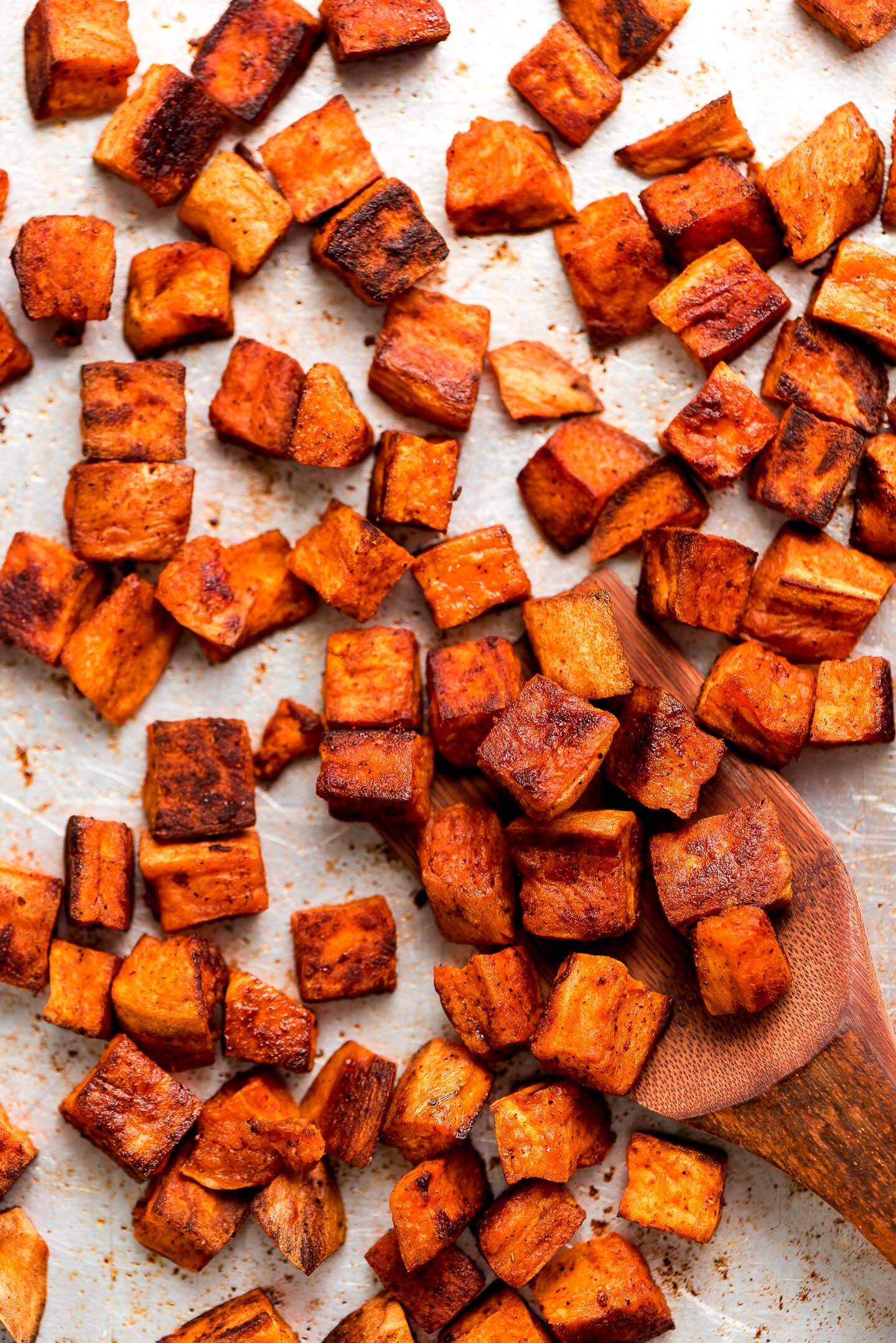 Close up of cubes of seasoned Roasted Sweet Potatoes.