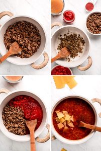 4 photos: browned ground beef in a pot; cooked onions, garlic, and seasonings in a pot; ground beef, tomato sauce and tomatoes in a pot; tomato soup with noodles.