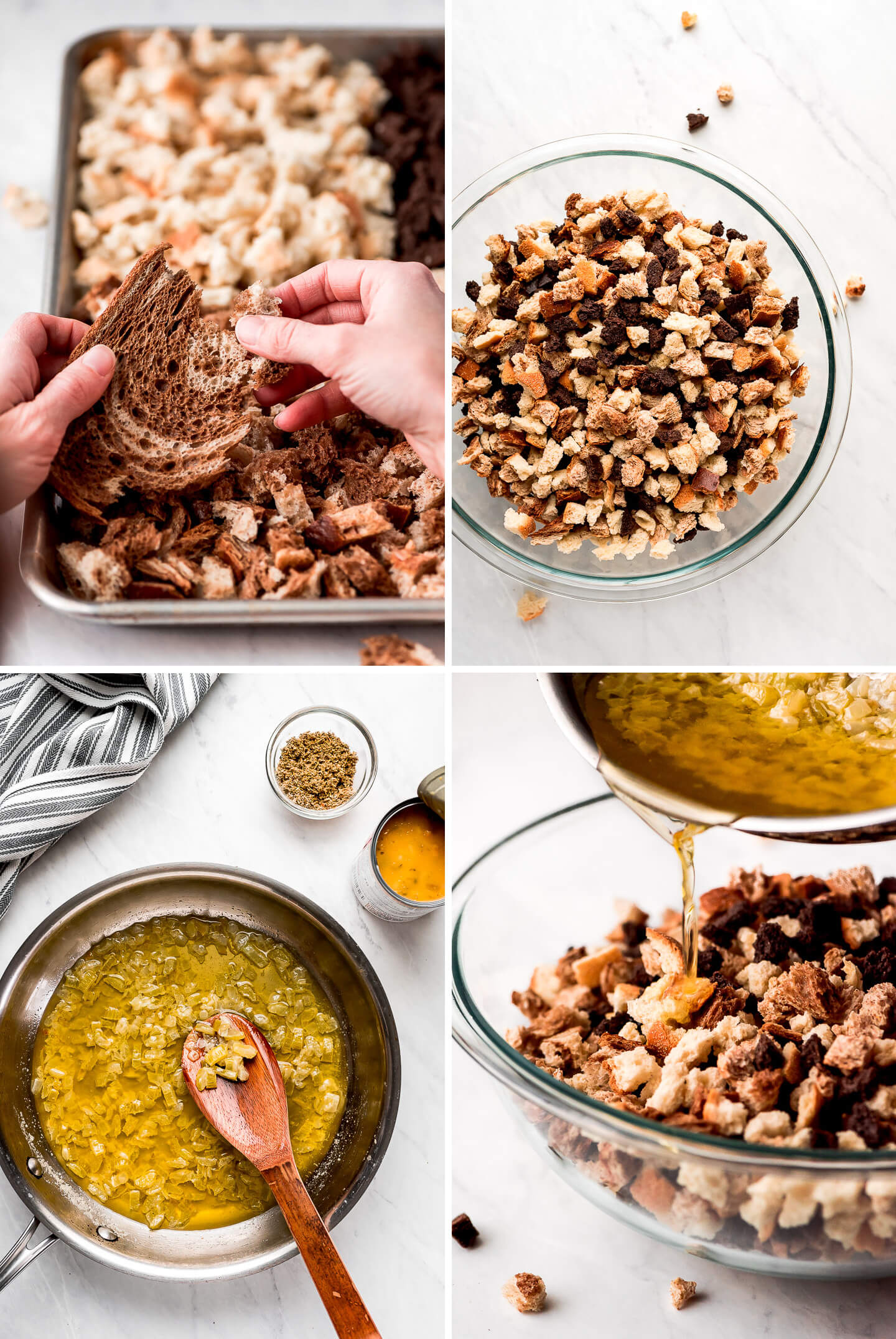 4 photos: tearing bread; various torn bread in a bowl, a pan of cooked celery and onions in butter; pouring melted butter over dried bread pieces.