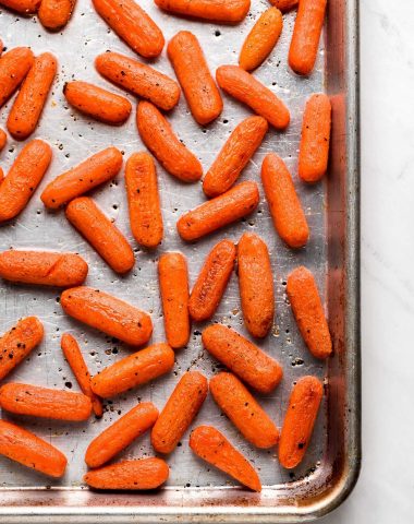 A sheet pan of Roasted Baby Carrots
