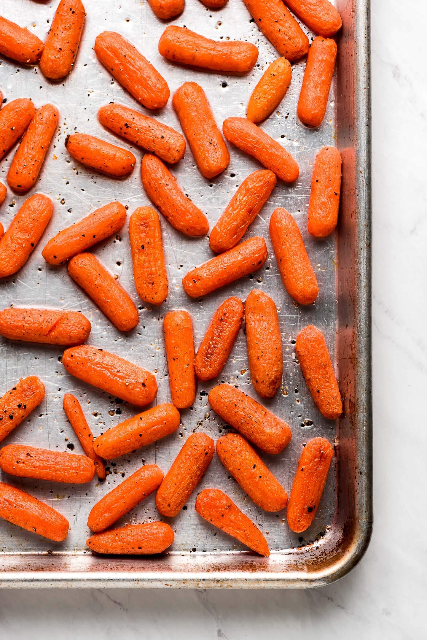 A sheet pan of Roasted Baby Carrots