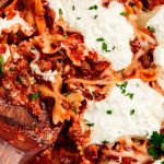 Skillet Lasagna topped with mozzarella and ricotta cheese.