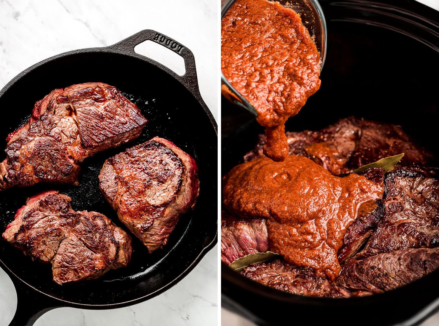 Diptych- Seared chuck roast in a skillet and then in a slow cooker with sauce being poured over. 