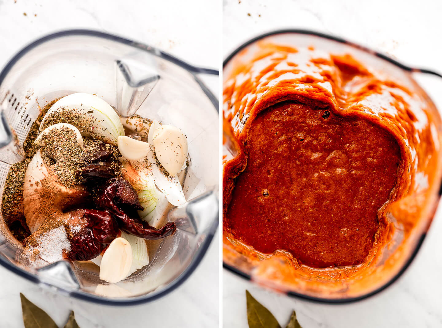 Diptych- A blender with onions, garlic, chipotle chilies, and seasonings; a pureed red sauce in a blender.