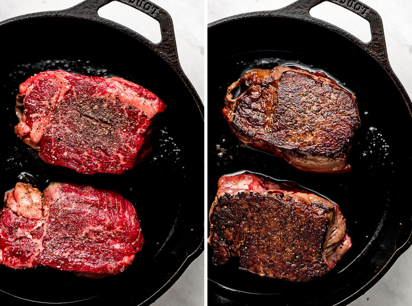 Two beef tenderloin steaks cooking in a cast iron skillet, on side browned.
