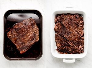 Oven cooked brisket meat in a braising pan; sliced beef brisket in a baking dish.