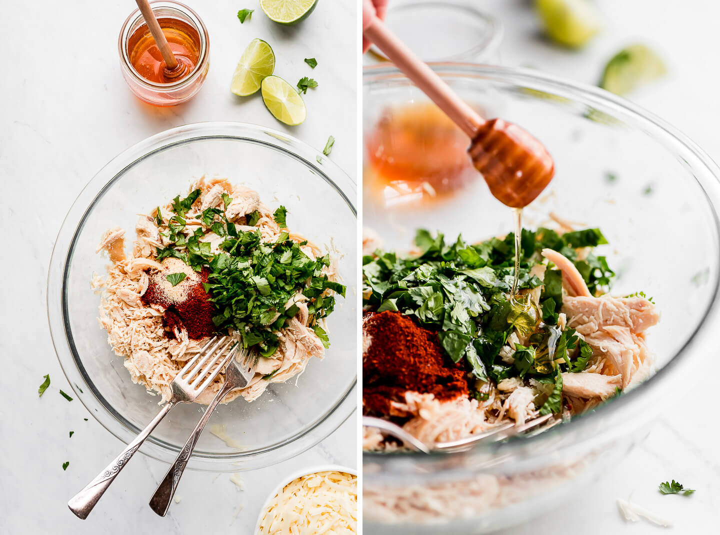 Diptych: A large mixing bowl with shredded chicken, cilantro, spices, and honey and lime to the side; drizzling honey over the contents in the mixing bowl.