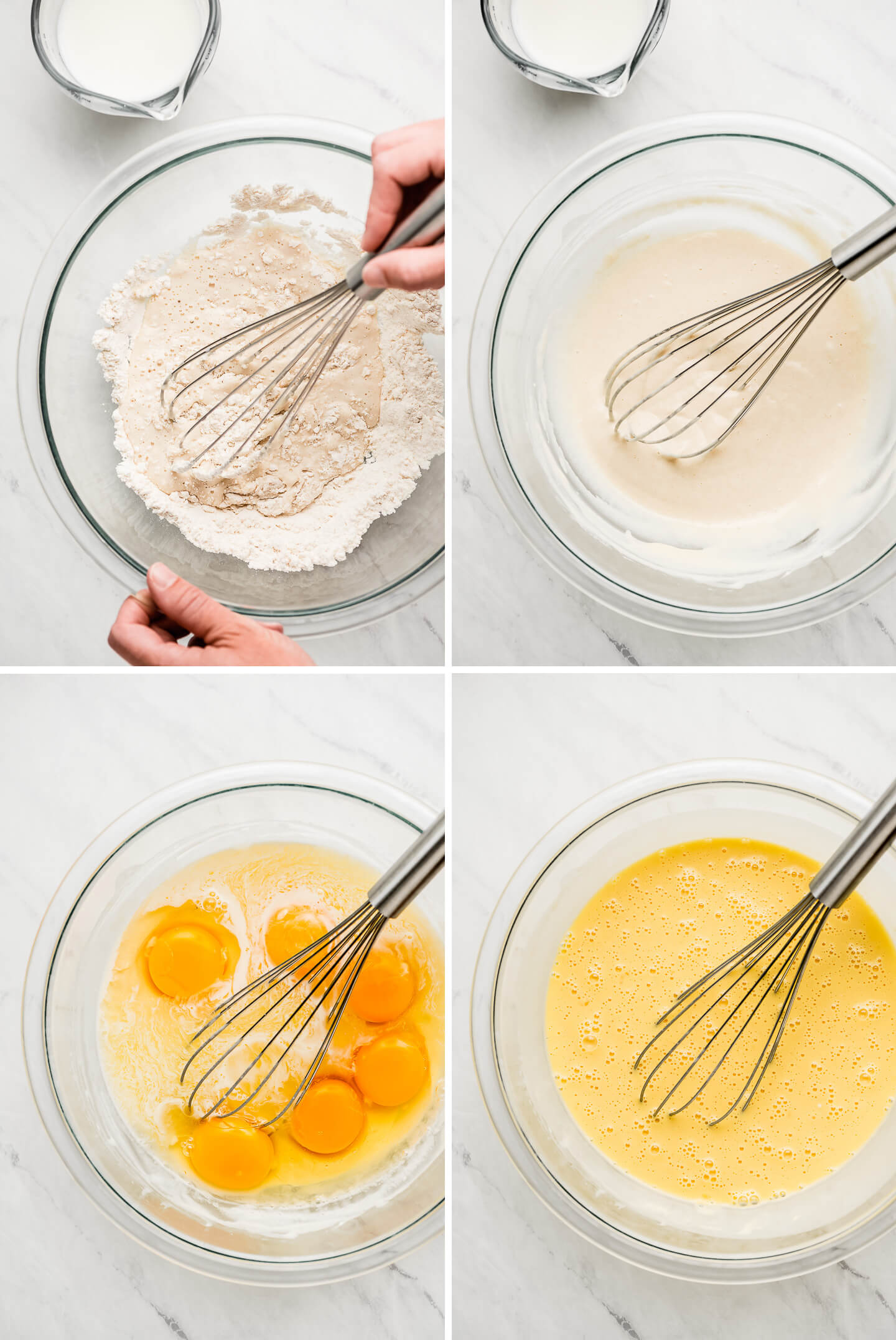 Milk being whisked into flour until smooth; eggs added to batter and mixed completely in.