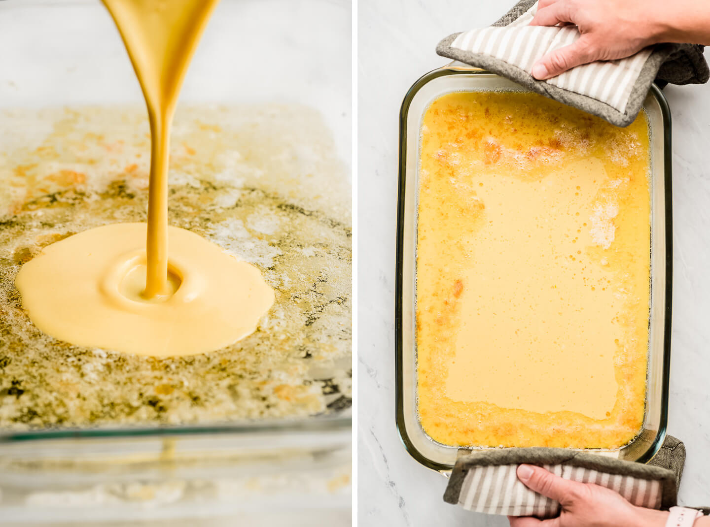 Batter streaming into a pan of melted butter; hands with hot pads holding a glass pan that has batter and melted butter in a glass baking dish.