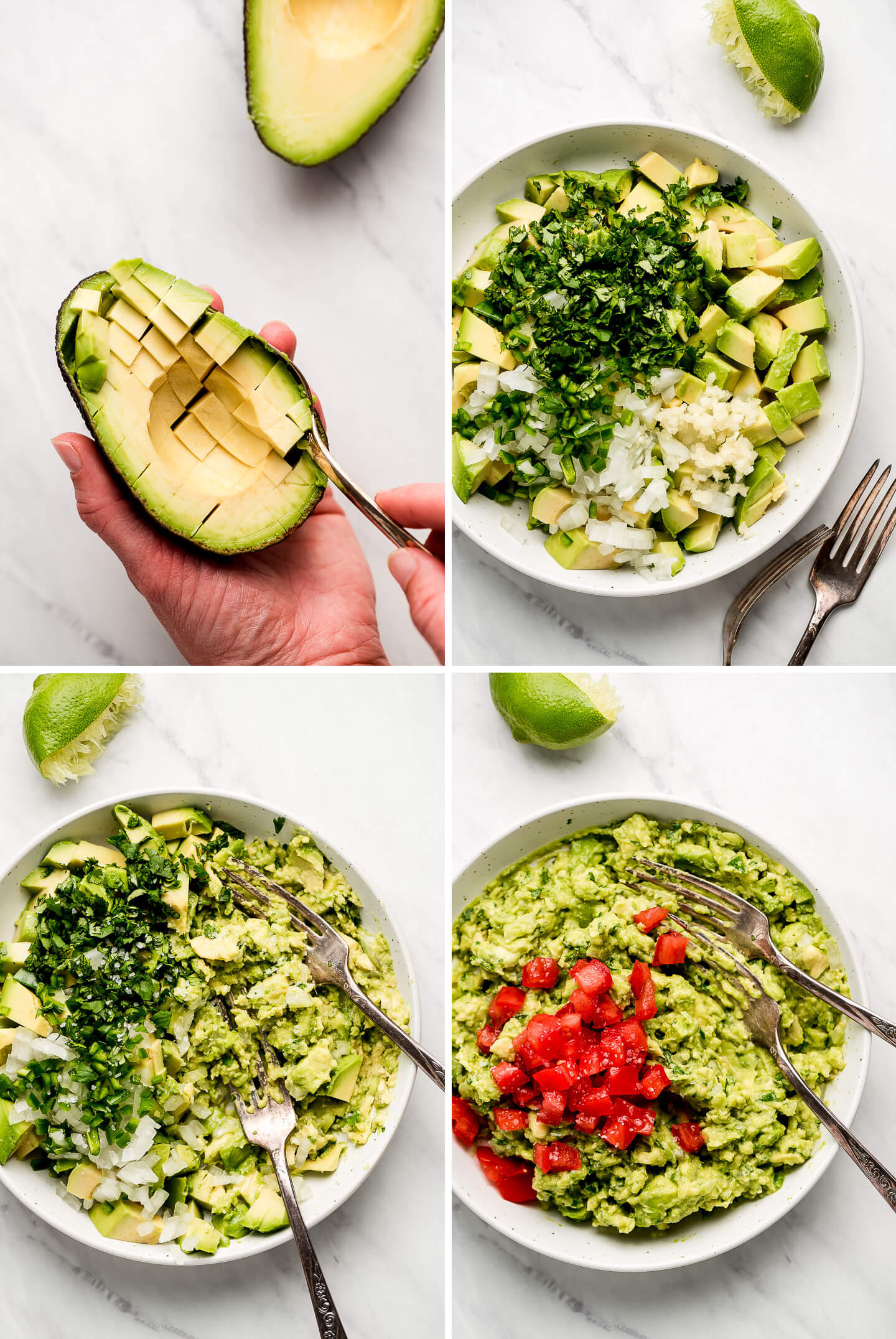 Process shots of making guacamole- scooping out avocado, adding cilantro, onion, garlic, lime, and tomatoes.