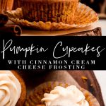 A Pumpkin Cupcake topped with cinnamon Cream Cheese Frosting with the wrapper peeled down.