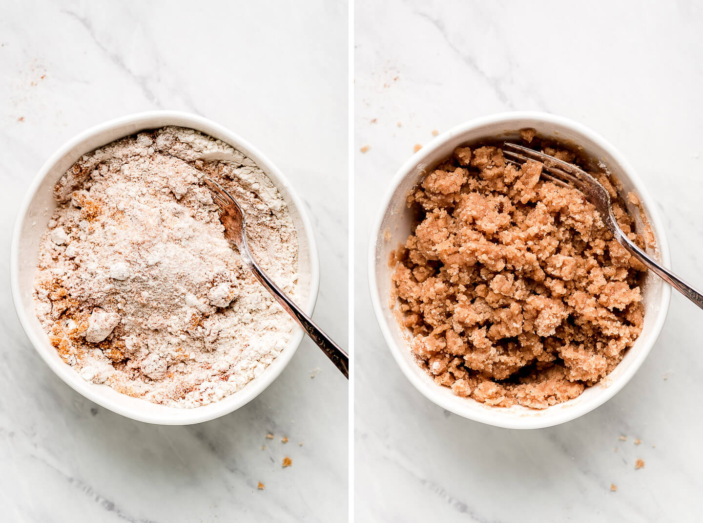 Diptych- mixing flour, spices, and sugar together; butter mixed into the flour-sugar mixture.