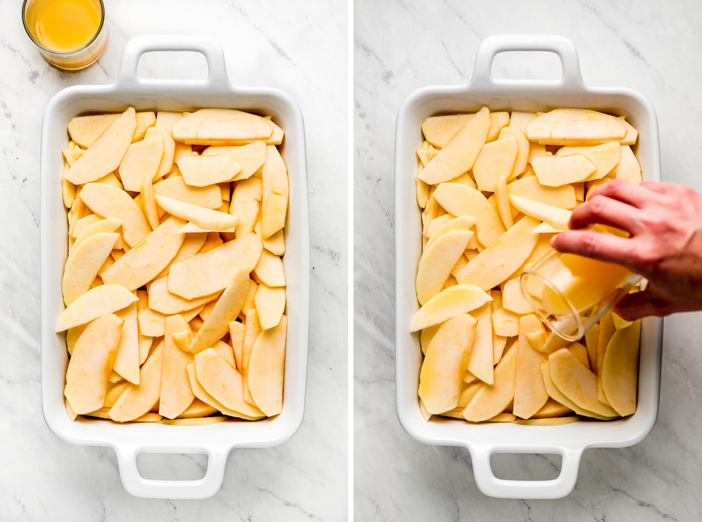 Diptych- A baking dish with sliced apples and a glass of orange juice to the side; pouring the orange juice over the apples.
