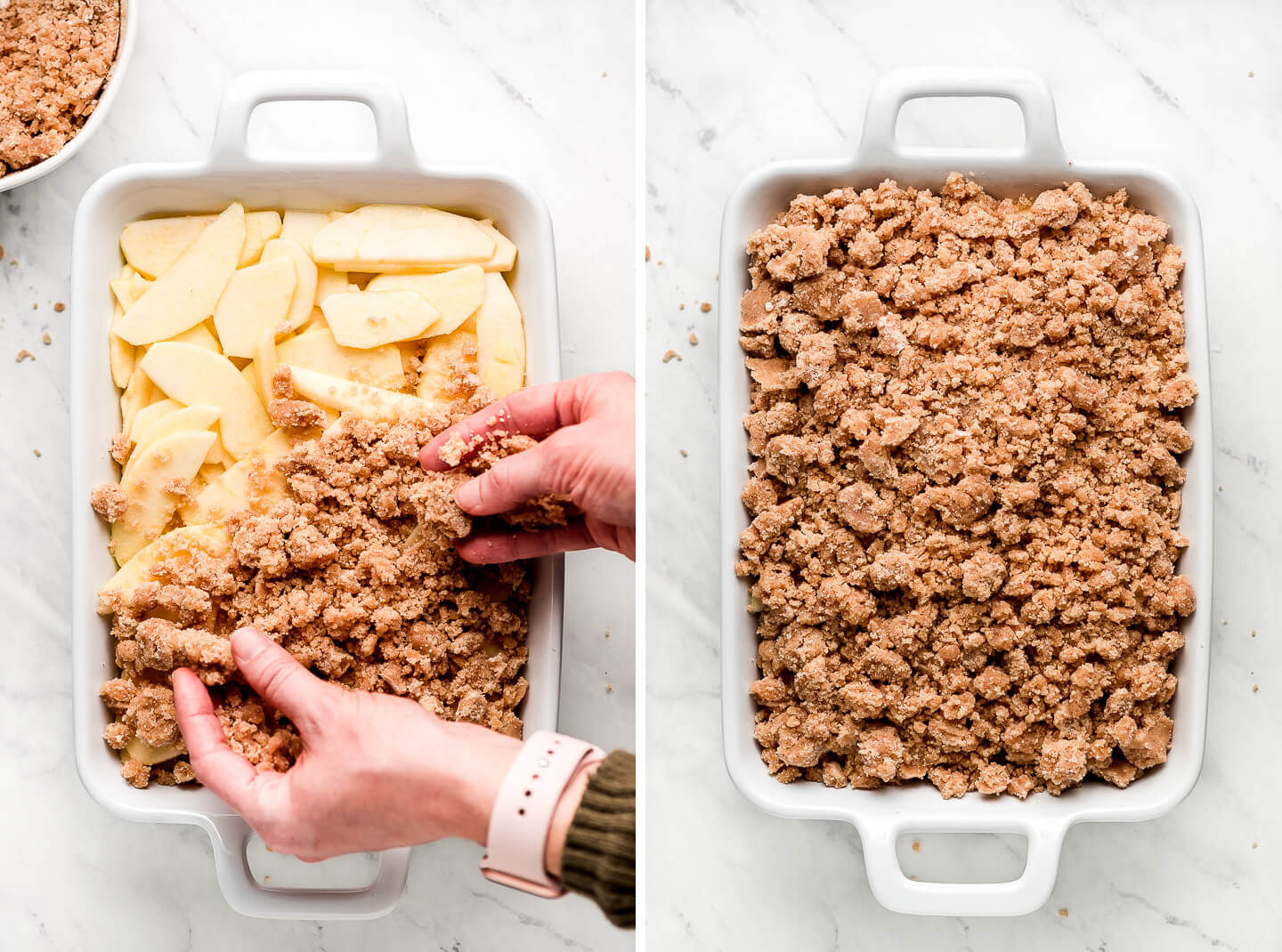 Diptych- Hands sprinkling a crumble over sliced apples in a baking dish; apples completely covered by the crumble.