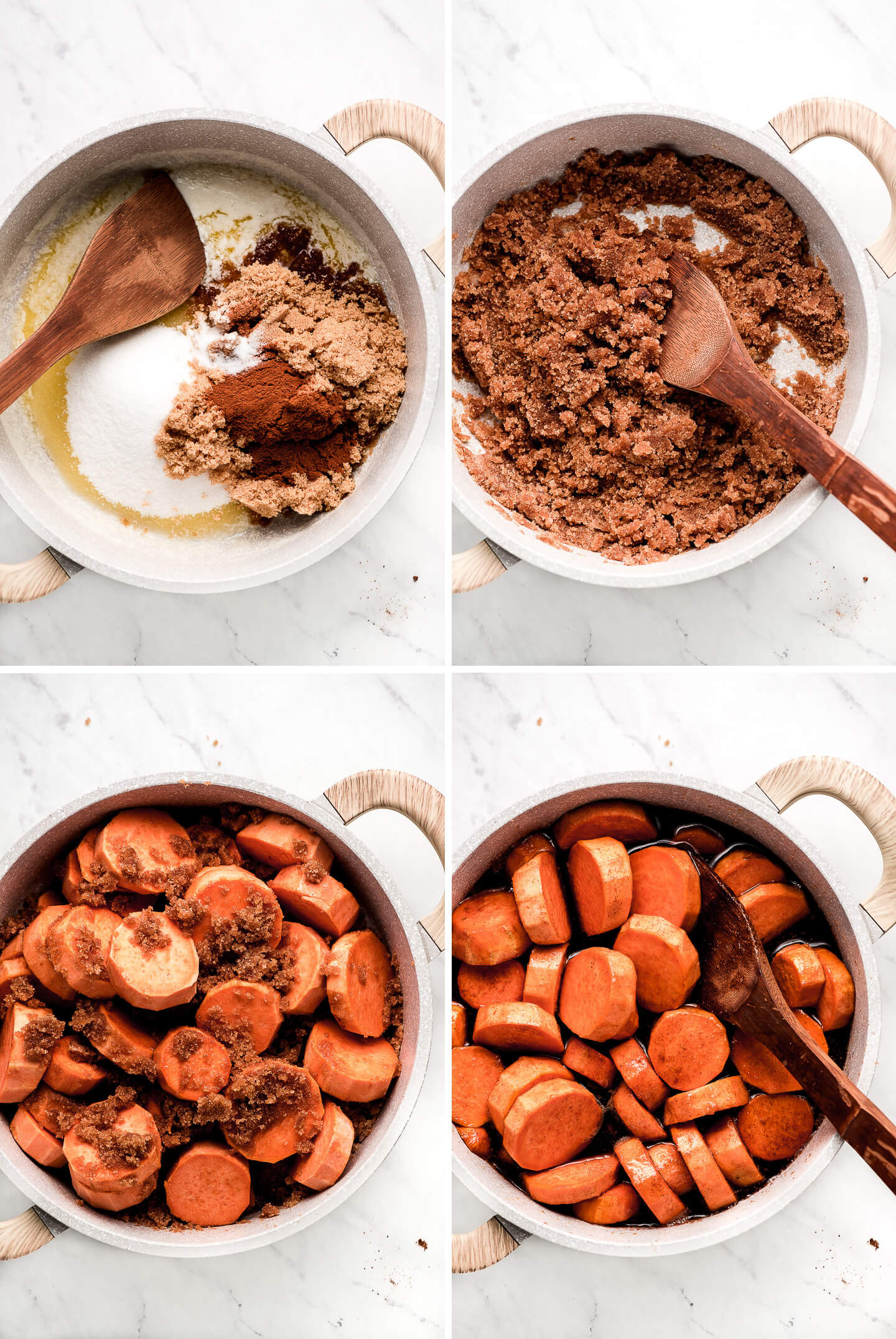 Diptych- melted butter, sugar, and cinnamon in a pot; butter and sugar mixed together in a pot; sweet potatoes rounds tossed in the sugar mixture; sweet potatoes in the melted sugar mixture.