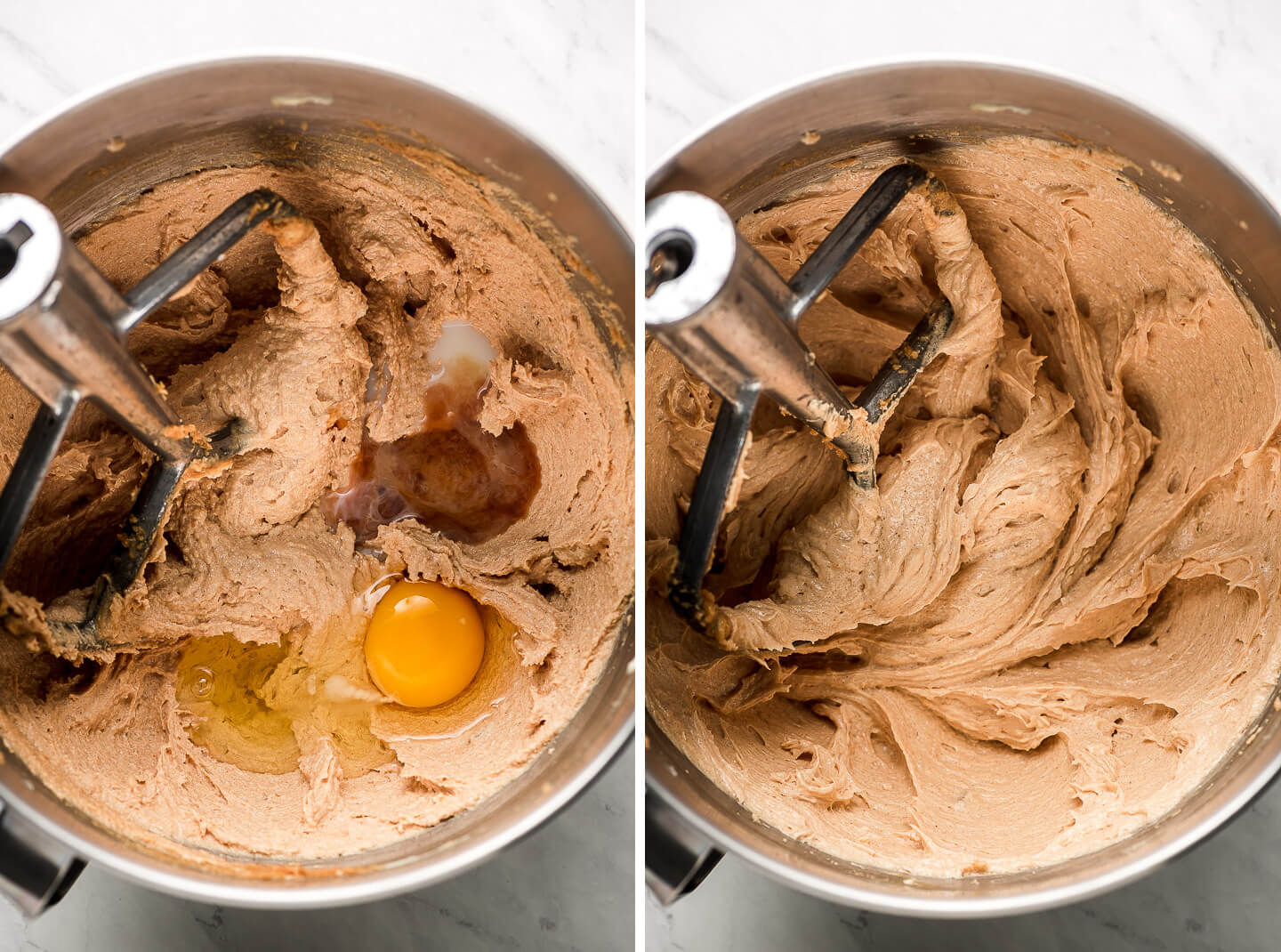 Process shots of mixing in an egg, vanilla, and milk into cookie dough.