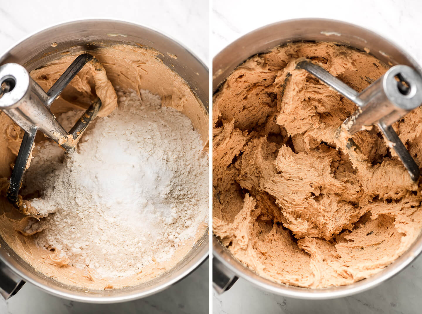 A metal mixing bowl with flour added to batter and then mixed in.