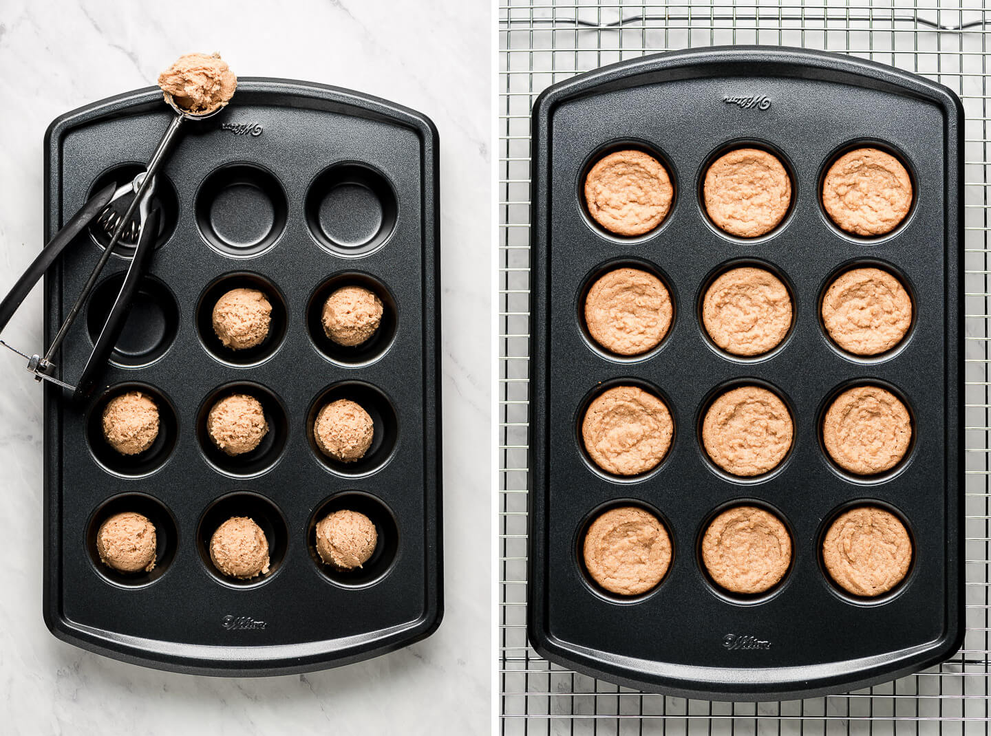 Cookie dough balls in a mini muffin pan with a cookie scooper to the side; baked cooked in a mini muffin tin.