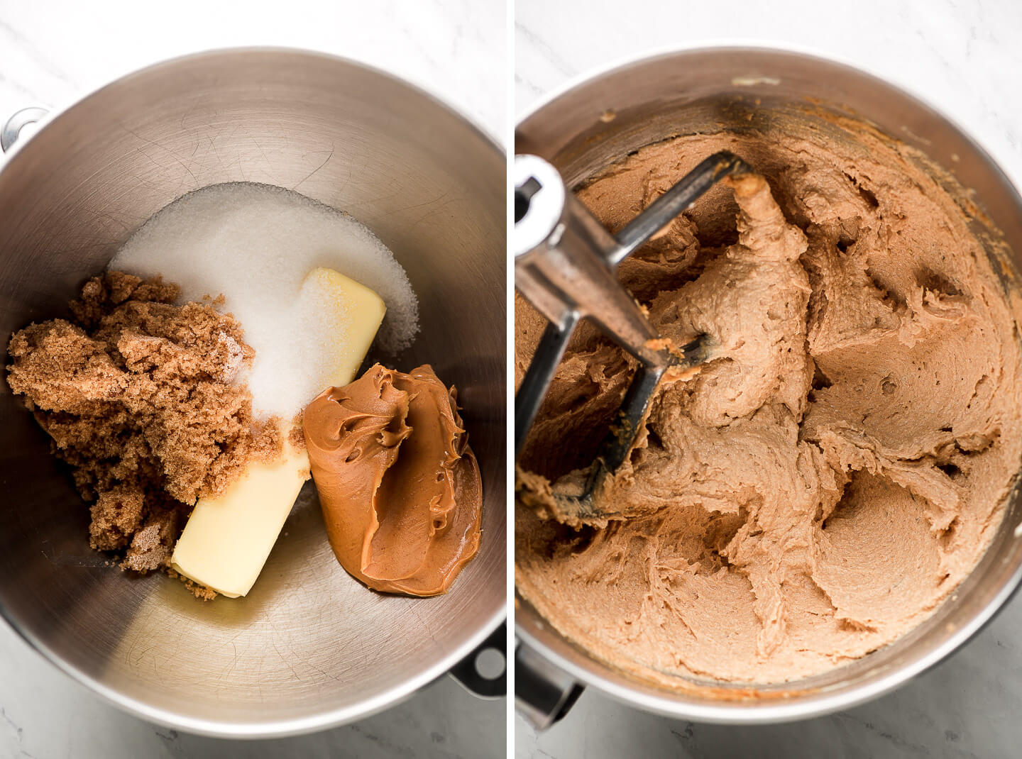 Butter, sugar, and peanut butter in a metal mixing bowl; creamed butter, sugar, and peanut butter.
