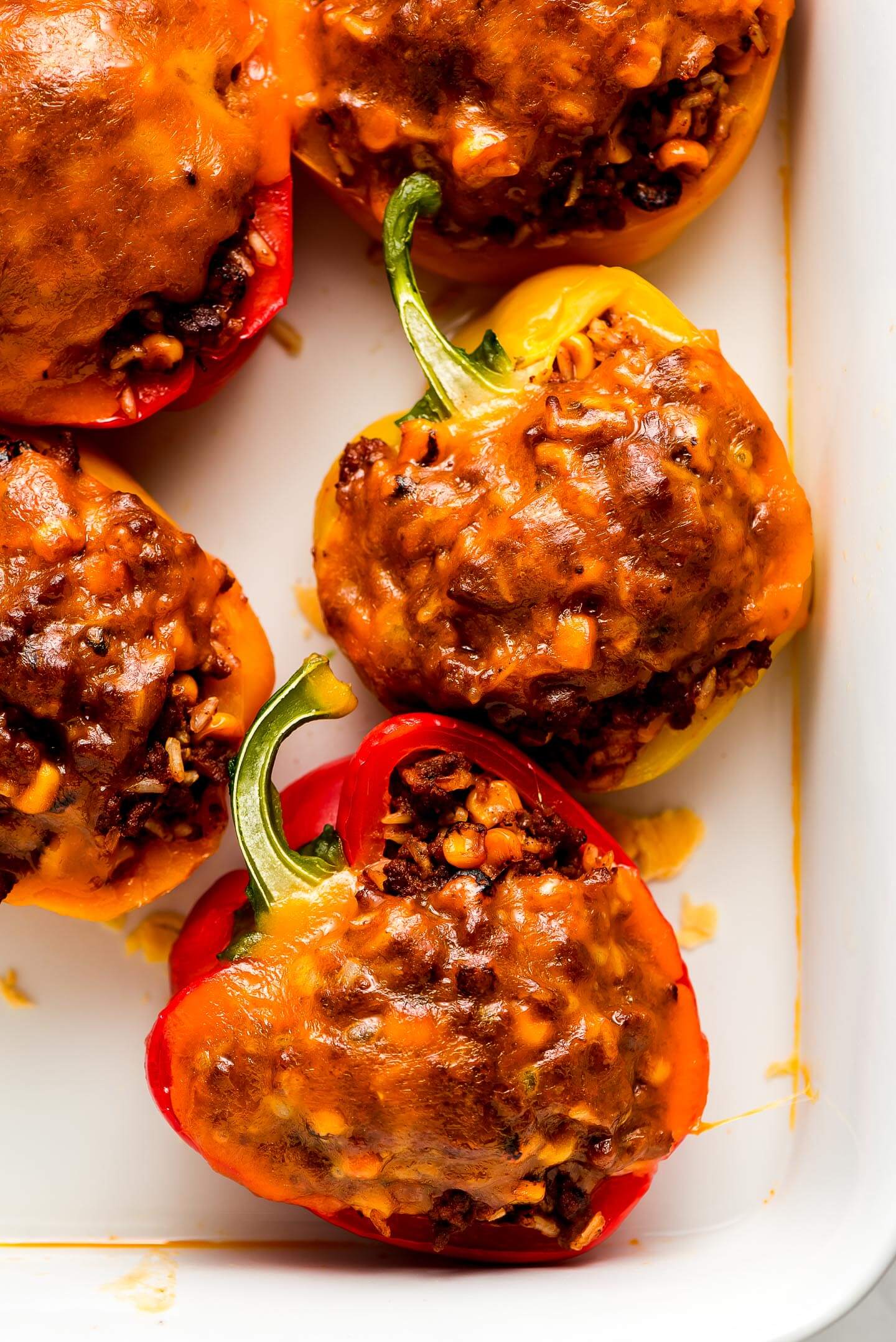 Close up of the top of Stuffed Bell Peppers.