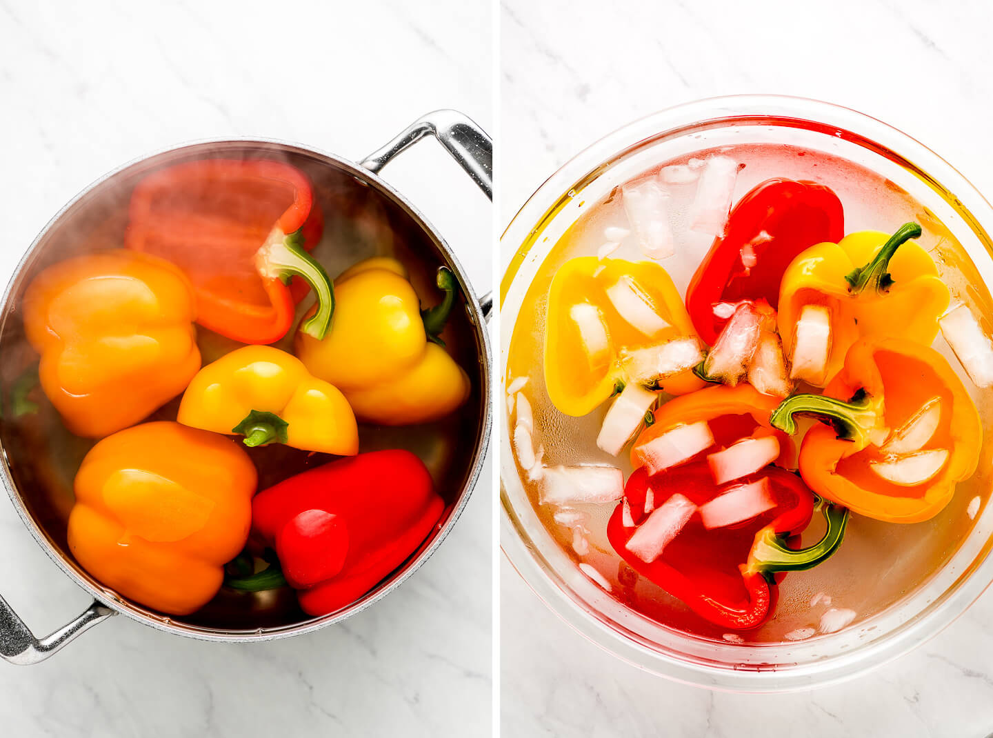 Halved colored bell peppers in a pot of boiling water; peppers in a bowl of ice water.